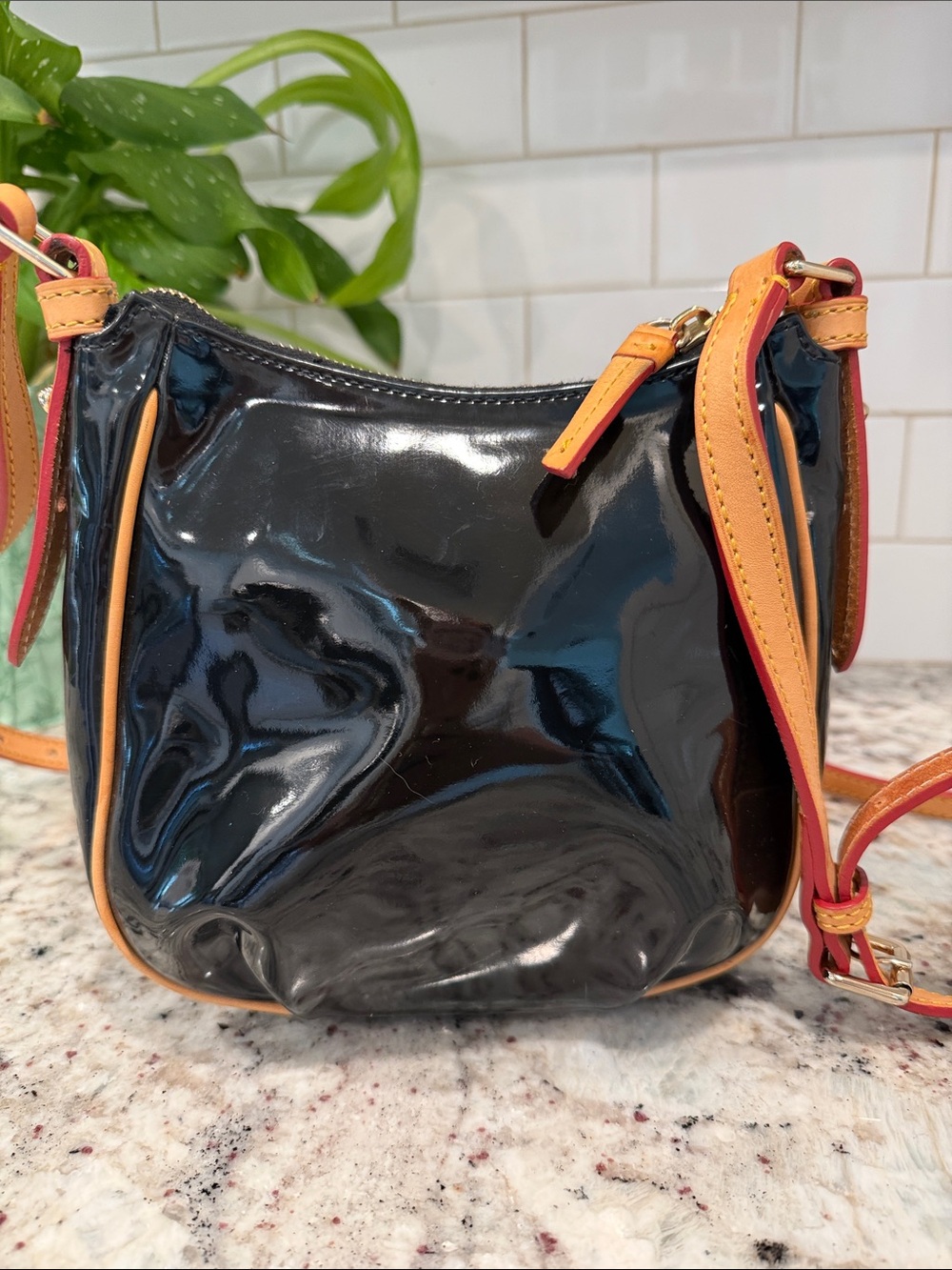 Dooney & Bourke Black Patent Crossbody with Tan Trim - Picture 9 of 15